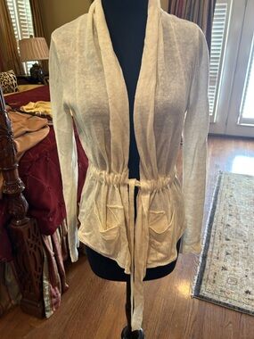 Elie Tahari Cream Open-Front Tie-Waist Sweater Cardigan Linen XS